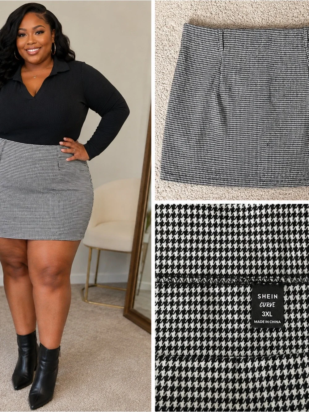 SHEIN Black & White Houndstooth Mini Skirt